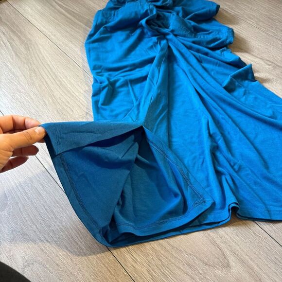 NWOT Eileen Fisher Mock Neck Tie Waist Sleeveless Knee Length Dress Marine Blue - Picture 11 of 12